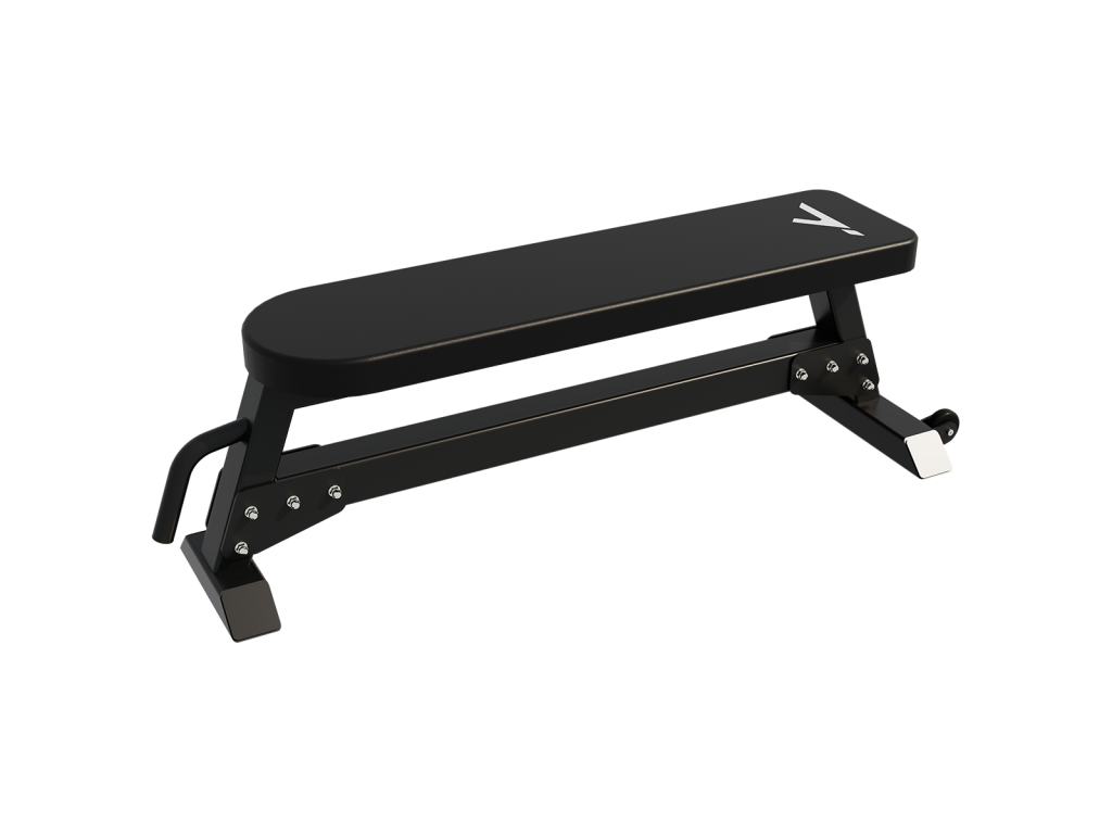 Side view of the BESTRONG Flat Bench showcasing its sturdy steel structure, transport handle, and non-slip wheels.