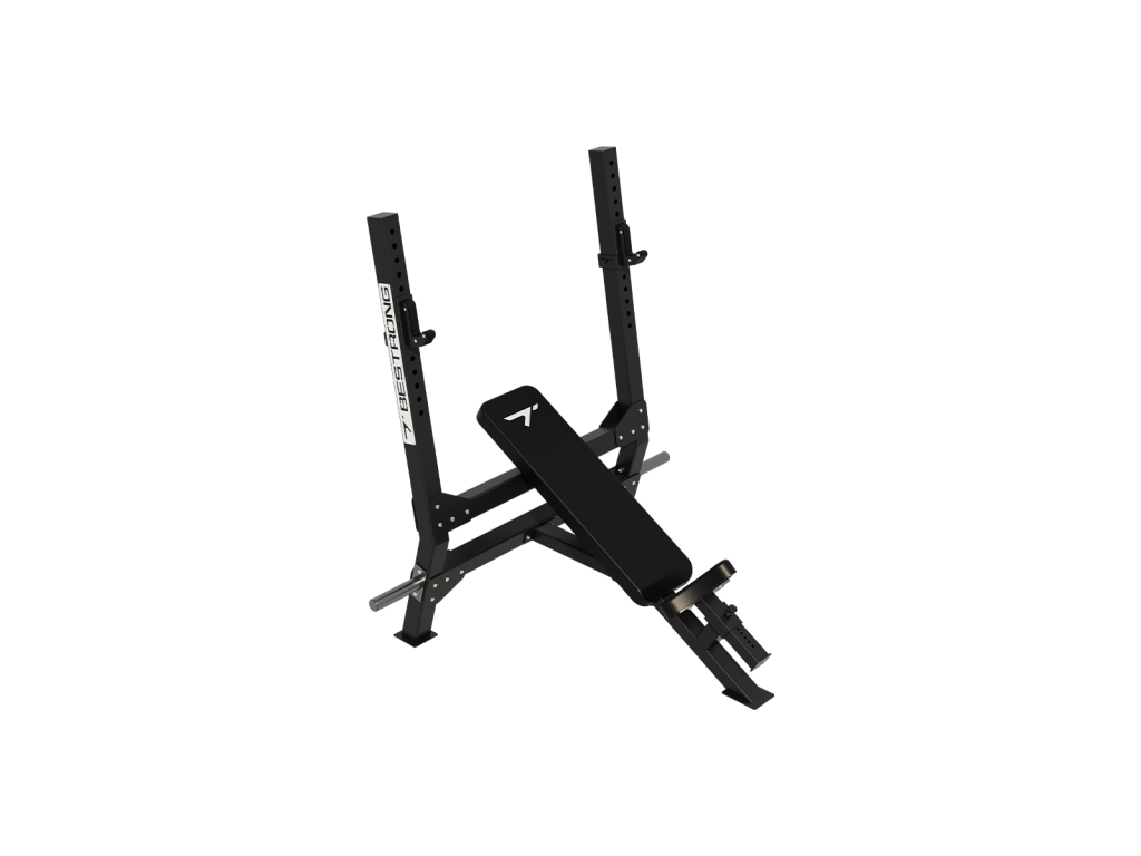 Front view of the BESTRONG Olympic Incline Bench 30° highlighting its padded backrest, robust frame, and integrated barbell support.