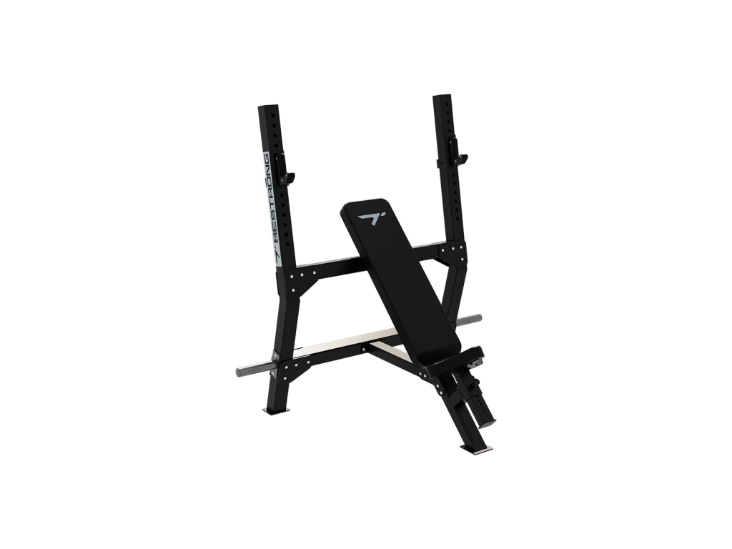 Front view of the BESTRONG Olympic Incline Bench 45° highlighting its padded backrest, sturdy frame, and integrated barbell support.