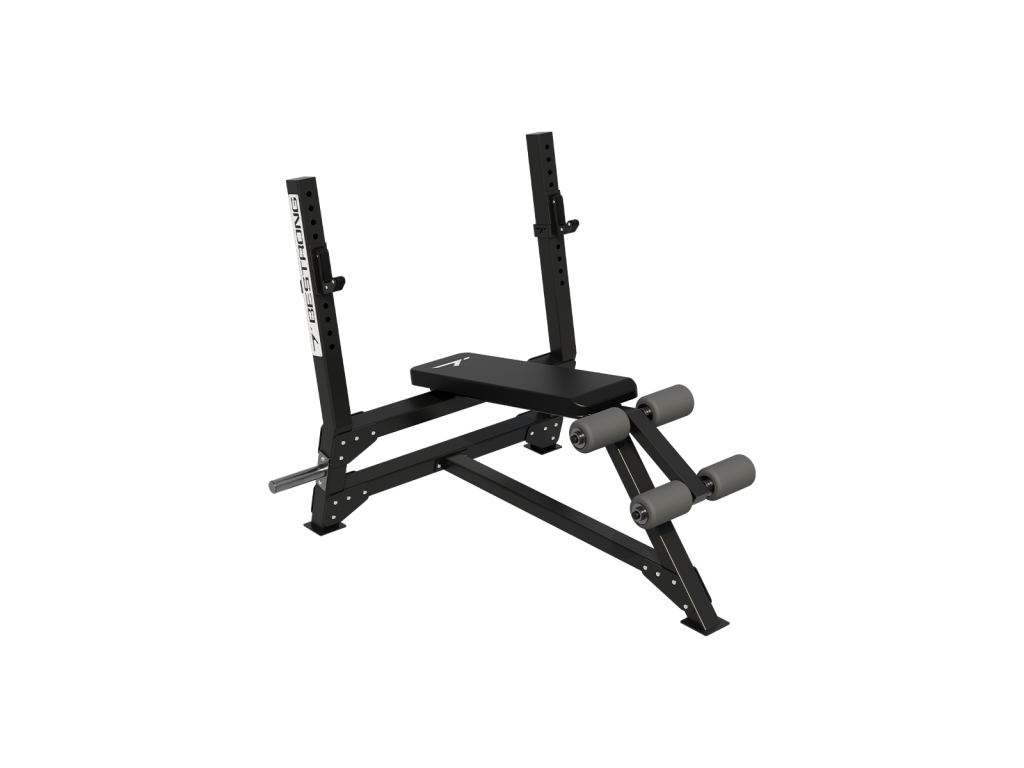 Front view of the BESTRONG Olympic Decline Bench highlighting its sturdy frame, padded surface, and integrated barbell support.