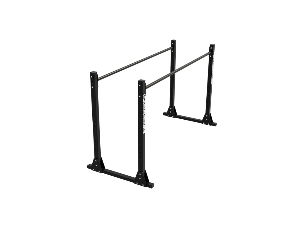 Front view of the BESTRONG Parallel Bars highlighting their width and stable construction for safe bodyweight workouts.